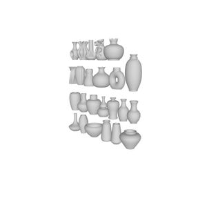 May include: A collection of various white ceramic vases and vessels. The assortment includes different shapes and sizes, from small bud vases to larger decorative pieces, all with a matte finish.