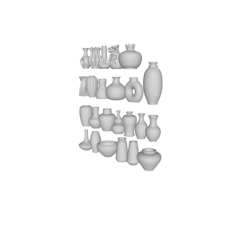 May include: A collection of various white ceramic vases and vessels. The assortment includes different shapes and sizes, from small bud vases to larger decorative pieces, all with a matte finish.