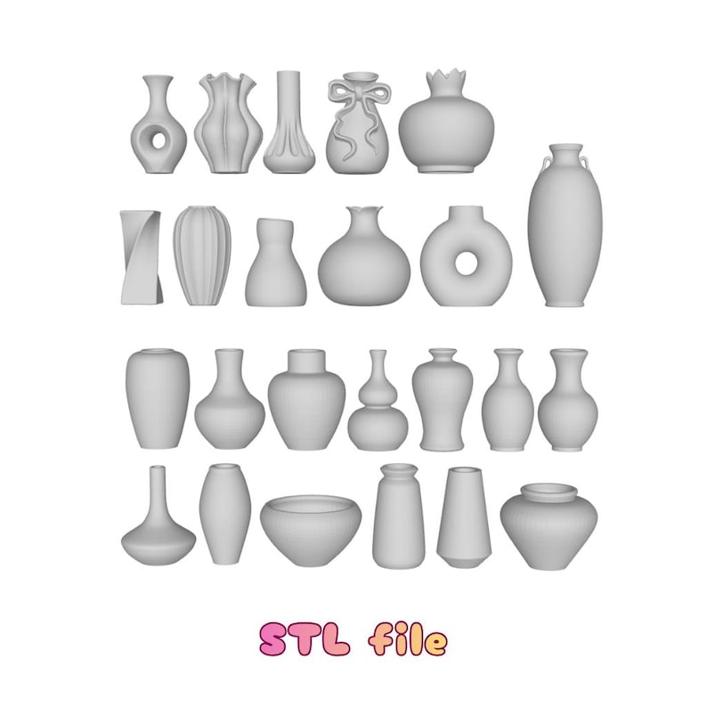 May include: A collection of various gray vases in different shapes and sizes. Some vases have unique designs, such as a bow, a crown, and a donut shape. The text "STL file" is displayed in pink and orange.