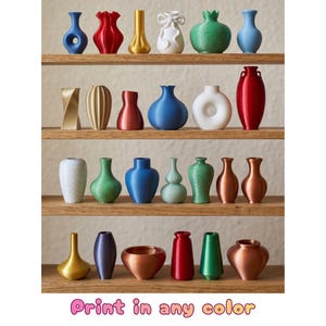 May include: A collection of miniature vases in various shapes and colors, displayed on wooden shelves. The vases range from blue and red to gold and white, with diverse designs. The text "Print in any color" is visible at the bottom.