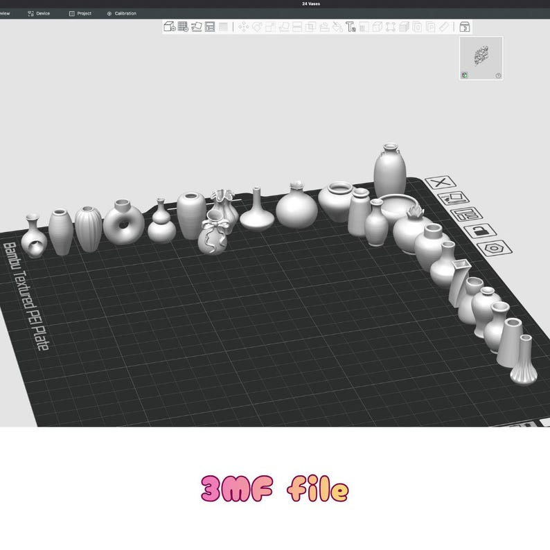 May include: A collection of white ceramic vases of various shapes and sizes, arranged on a black grid surface. The vases include cylindrical, spherical, and decorative designs. The text "3MF file" is displayed in pink at the bottom.