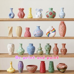 May include: A collection of decorative ceramic vases in various shapes and sizes, displayed on wooden shelves. The vases feature diverse designs, including floral patterns, polka dots, and abstract art. Colors range from pastel hues to vibrant shades, offering a variety of styles.