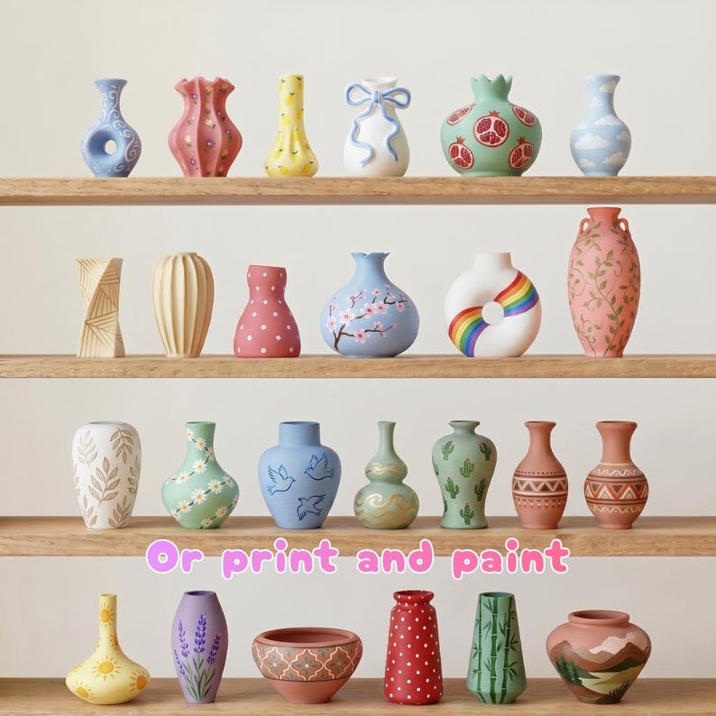 May include: A collection of decorative ceramic vases in various shapes and sizes, displayed on wooden shelves. The vases feature diverse designs, including floral patterns, polka dots, and abstract art. Colors range from pastel hues to vibrant shades, offering a variety of styles.