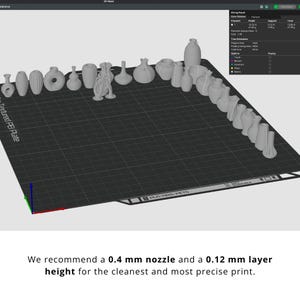 May include: A collection of small, white, 3D-printed vases and decorative objects arranged on a textured black surface. The image includes text recommending a 0.4 mm nozzle and a 0.12 mm layer height for printing.