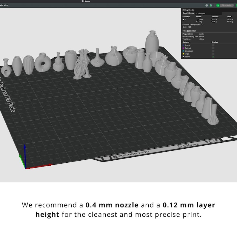 May include: A collection of small, white, 3D-printed vases and decorative objects arranged on a textured black surface. The image includes text recommending a 0.4 mm nozzle and a 0.12 mm layer height for printing.