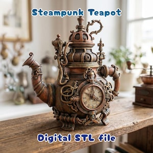 May include: A detailed steampunk teapot in shades of bronze and copper, featuring intricate gears, pipes, and a clock face. The teapot has a handle, spout, and decorative elements. The text "Steampunk Teapot" and "Digital STL file" are visible.