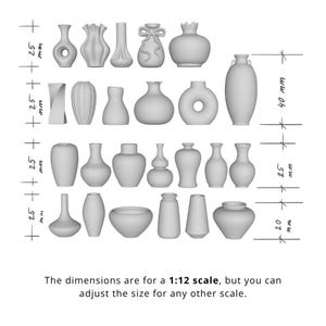 May include: A collection of 20 different vase designs in a neutral color. The vases vary in shape and size, with some featuring unique details like a bow or a hole. The image includes measurements and text indicating the scale can be adjusted.