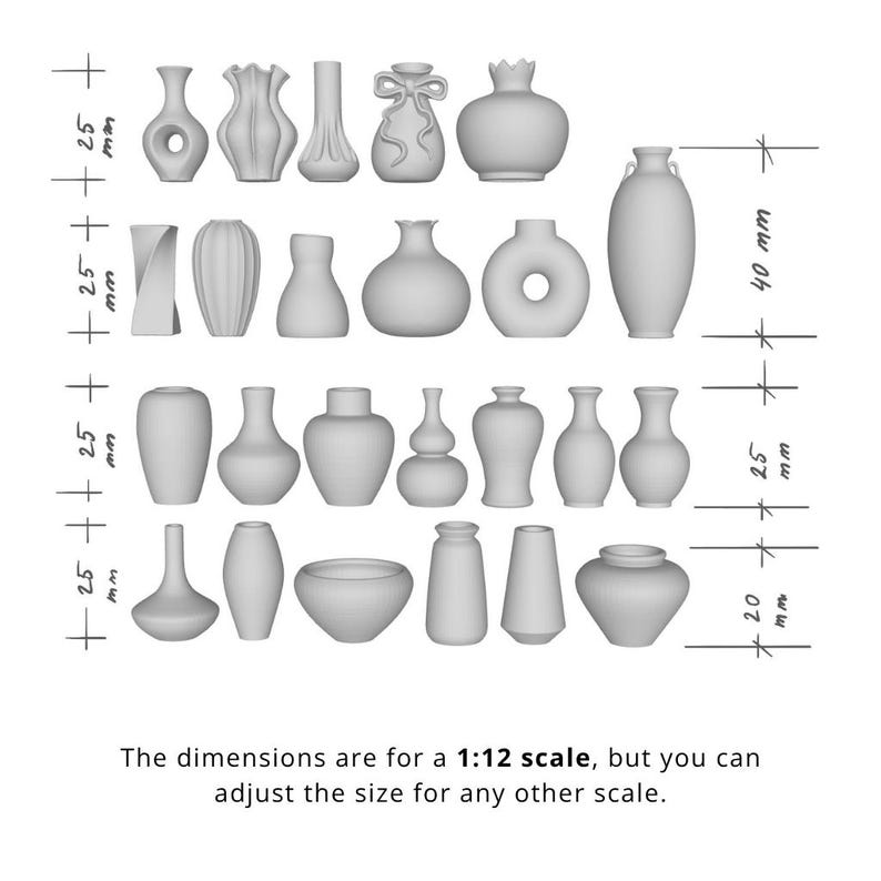 May include: A collection of 20 different vase designs in a neutral color. The vases vary in shape and size, with some featuring unique details like a bow or a hole. The image includes measurements and text indicating the scale can be adjusted.