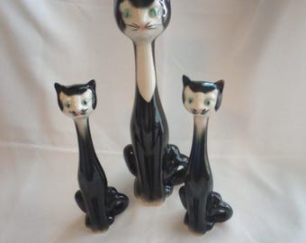 ヴィンテージの手描き陶器の長い首の猫 - イタリア製、ミッド