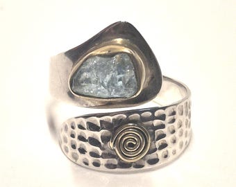 Raw Aquamarine Sterling Silver Bypass Ring Artisan Handcrafted Bohemian Style Adjustable