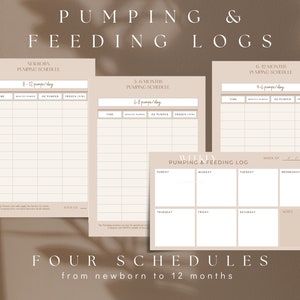 May include: Printable log sheets for tracking pumping and feeding schedules for babies from newborn to 12 months. The sheets include sections for time, ounces pumped, frozen ounces, and notes. There is also a weekly pumping and feeding log.
