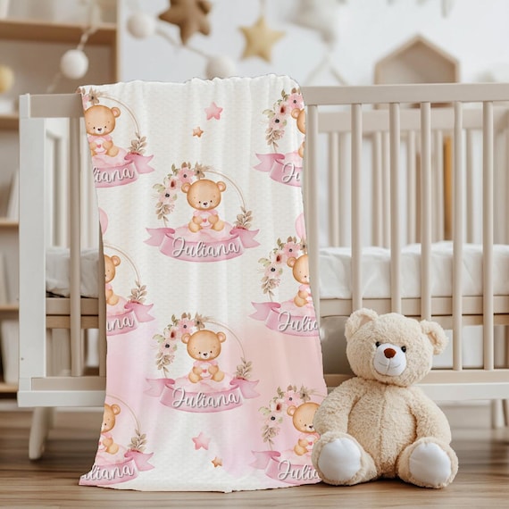 Personalized Baby Girl Blanket: Pink Teddy Bear Velveteen Plush