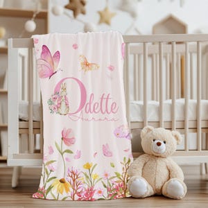 Personalized Baby name Velveteen Plush Blanket: Wildflower Bunny Girl Nursery Decor