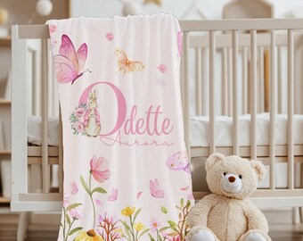 Gepersonaliseerde pluche deken babynaam: wilde bloemen konijn meisje babykamerdecoratie