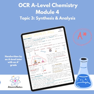 May include: A digital tablet displaying handwritten notes on organic synthesis skills for OCR A-Level Chemistry Module 4, Topic 3: Synthesis & Analysis. The notes include diagrams and instructions for heating under reflux, separating and purifying organic liquids, and using drying agents. The tablet is on a blue background with a beaker of blue liquid and a red star with an A* inside.