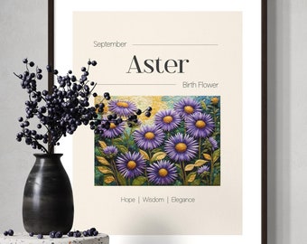 Könnte beinhalten: Ein gerahmter Druck mit einem Aquarellgemälde von lila Asterblumen, der Geburtsblume für September. Der Druck enthält die Wörter "Aster" und "Birth Flower". Eine schwarze Vase mit dunklen Beeren steht auf einem weißen Terrazzo-Beistelltisch.