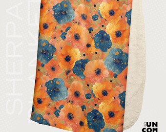Floral Sherpa Blanket, Orange & Blue Flower Print, Bohemian Throw