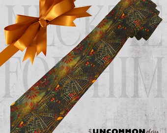 Spider Web Necktie: Gothic Halloween Tie with Autumn Foliage