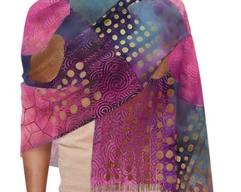 Art Deco Pashmina Shawl, Bohemian Scarf, Pink Teal Head Wrap