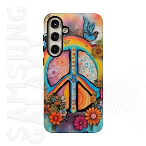 Peace Sign Samsung Galaxy Case, Boho Flower Phone Case, Colorful Hippie Art Design, Samsung Phone Case, Retro 70s Style Gift for Her