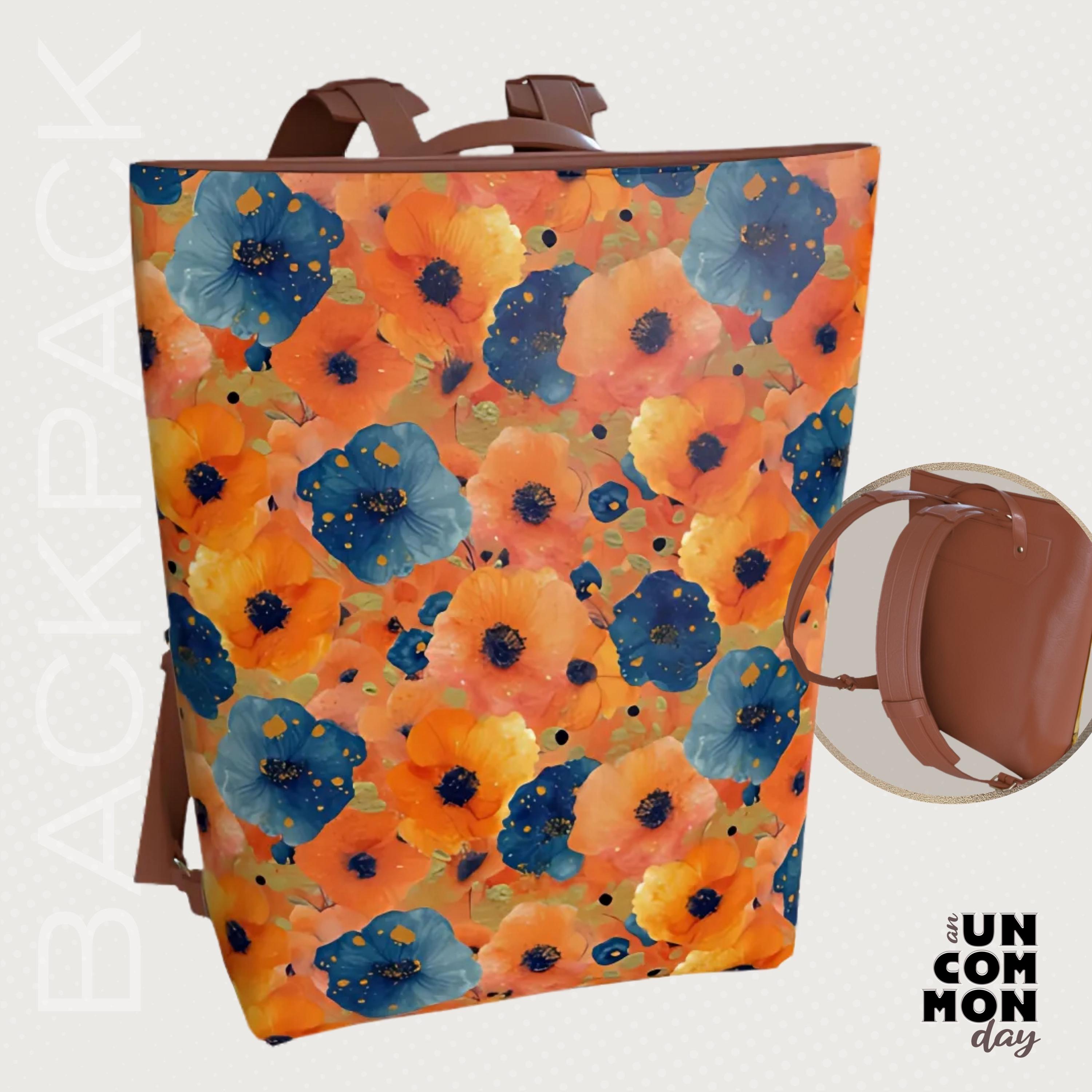 Floral Vegan Leather Backpack: Boho Travel Bag, Orange  display picture 1