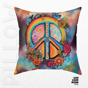 Hippie Peace Sign Throw Pillow, Colorful Bohemian Decor, Rainbow and Floral Cushion, Psychedelic Accent Pillow, Retro 70s Home Style