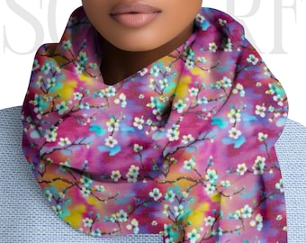Cherry Blossom Scarf, Vibrant Pink Floral Wrap, Lightweight Boho Shawl
