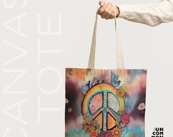 Psykedelisk fredstecken canvas tygväska, boho blommig återanvändbar matkasse