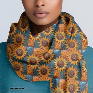 Sunflowers on Patchwork Scarf, Pashmina Shawl, Boho Head Wrap, Floral Head Scarf Womens Gift for Her - Orange, Blue