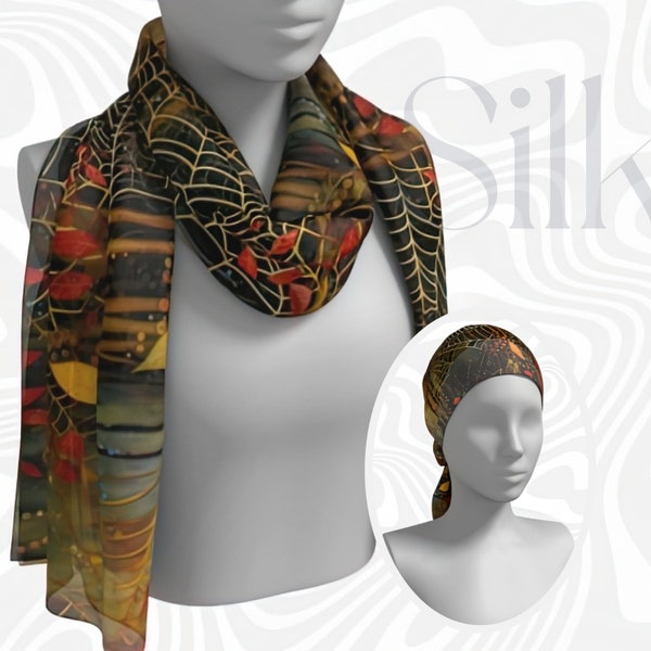 Silk Scarf  "Gilded Spiderwebs" - Silk Scarf Gifts -| Wear Long Scarf for Hair, Neck Scarf, Chemo Scarf, Turban, Dupatta, Hijab