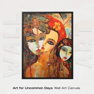 Fine Art Canvas Framed Boho Wall Art Orange Abstract Art With Three Womens Faces
