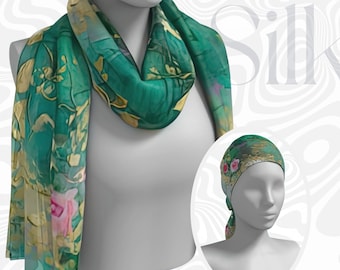 May include: A green silk scarf with a floral design, displayed on a mannequin. The scarf features a pattern of gold, pink, and green leaves and flowers. A matching headscarf is also shown. The word "Silk" is visible in the background.