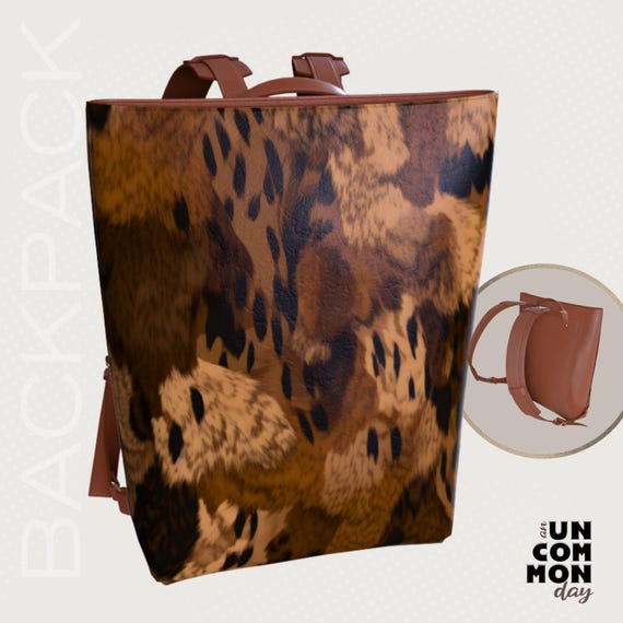 animal print backpack leather Leopard Print Vegan Leather Backpack: Boho Travel Bag