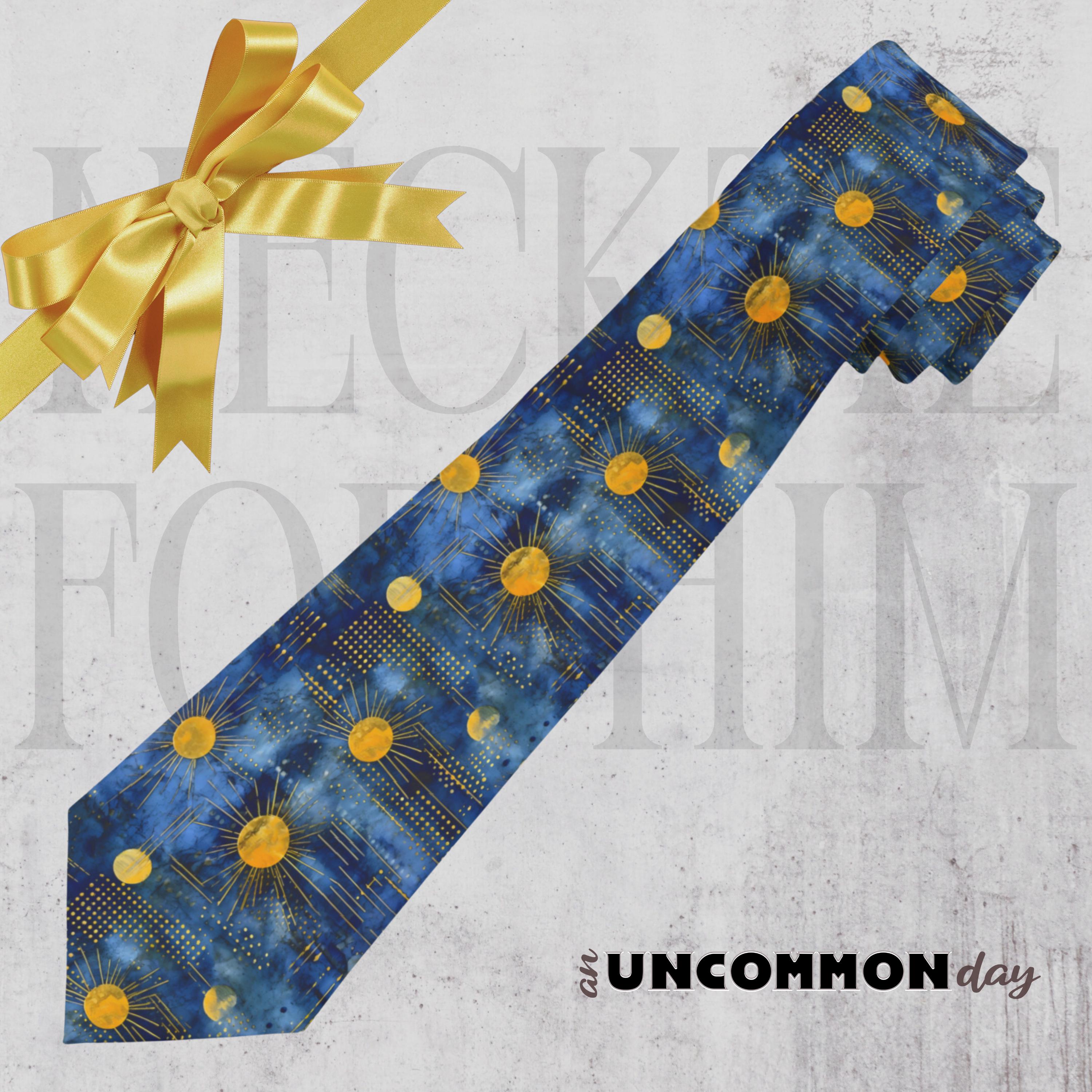 Cosmic Sunburst Necktie: Blue & Gold Celestial Tie - Silk Finish