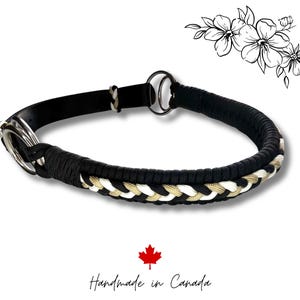 Könnte beinhalten: Ein schwarz-goldener geflochtener Hundehalsband mit silbernen Metallbeschlägen. Der Halsband hat eine schwarze Basis mit einem geflochtenen Muster in Gold und Weiß. Die Worte "Handmade in Canada" sind darunter geschrieben.