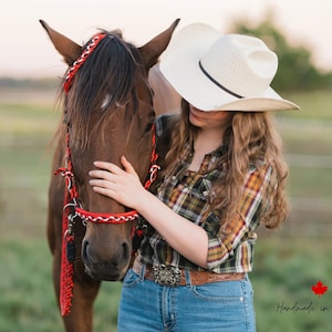 Puede incluir: Un caballo marrón con un cabestro y cabezada rojos y negros. Una persona con una camisa a cuadros, vaqueros azules y un sombrero de vaquero blanco toca suavemente al caballo. Incluye el texto "Handmade in Canada".