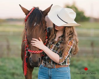 Bitless Bridle, Side Pull Hackamore with Reins, Bitless Headstall-Red/Black/white
