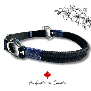 May include: Black and blue braided rope dog collar with silver metal rings. Handmade in Canada.