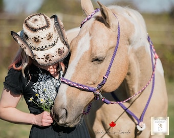 Bitless Bridle, Side Pull Hackamore with Reins, Bitless Headstall- Purple/Pink/White
