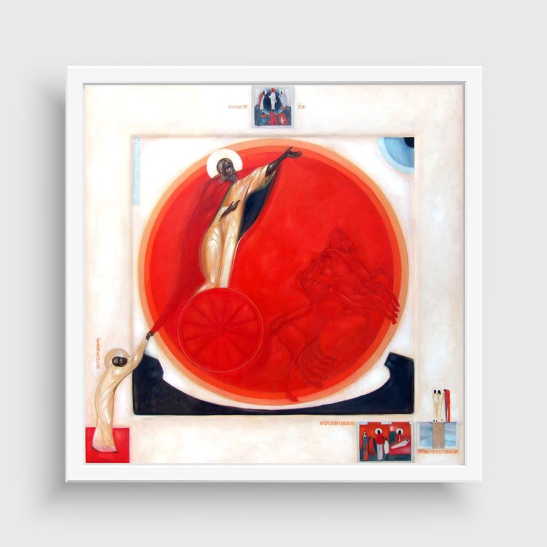 May include: A painting depicting a religious scene with a figure in a red robe holding a wheel, surrounded by a red circle. The figure is being pulled by a smaller figure in a white robe. The painting is framed in a white frame.