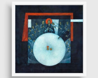 Puede incluir: Una pintura que representa la Última Cena, una escena religiosa cristiana. La pintura presenta a Jesucristo y sus discípulos reunidos alrededor de una mesa, con una gama de colores rojos y azules.
