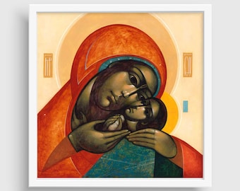 Puede incluir: Una pintura de una madre y un niño. La madre lleva una túnica roja y tiene el pelo oscuro. El niño lleva una túnica azul y tiene el pelo oscuro. La pintura está en un estilo estilizado, como un icono.