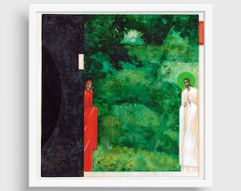 May include: A painting depicting two figures, one in red and one in white, standing in a green landscape. The figure in red is partially obscured by a black background.