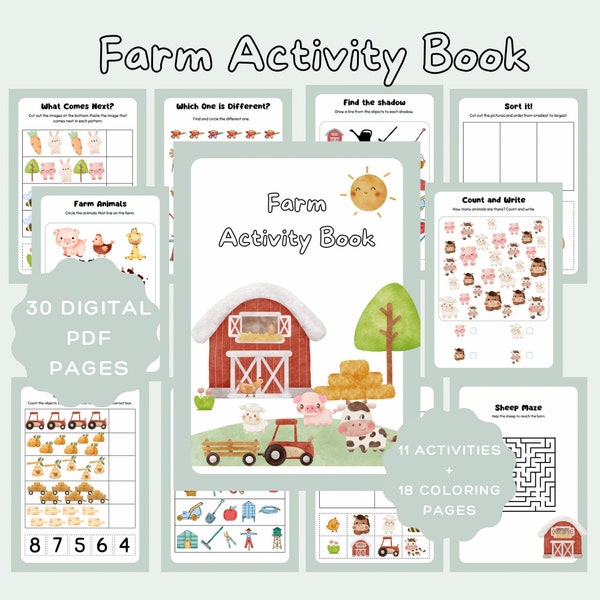 Farm Activity Book 30 pages PDF Digital Printable Preschool Kindergarten Homeschool Toddler Farm Animals Activities