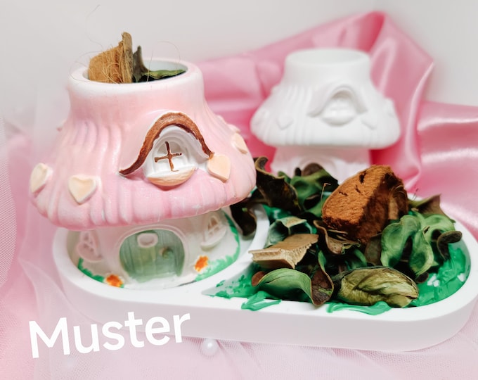 Enchanting Handmade Fairy House in White Plaster – Cute DIY Cottage with Hearts, Chimney and Matching Tray for Decorating