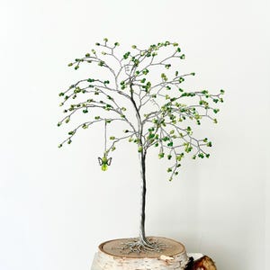 Trio of Greens Beaded Tree handcrafted with Silver Aluminum Wire.  Green Angel Charm Accent
