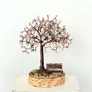 Cherry Blossom Tree Sculpture: Bronze Wire, Seed Beads, Birch Wood