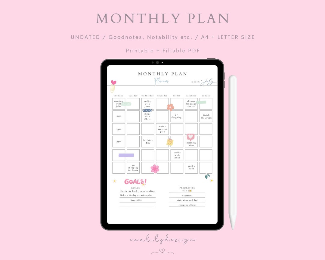 Monthly Plan Template Digital Plan Printable Fillable - Etsy