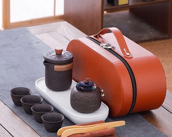 Large Oriental Tea Cup Set with Leather Case,Personalized Leather Storage Tea Set, Travel Tea Set With Leather Case,Handmade Vintage Tea Set