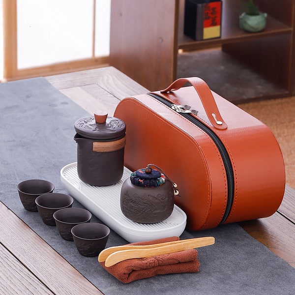 Large Oriental Tea Cup Set with Leather Case,Personalized Leather Storage Tea Set, Travel Tea Set With Leather Case,Handmade Vintage Tea Set